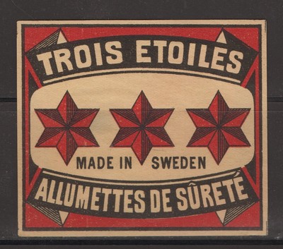 MATCHBOX LABEL SWEDEN - Three Stars (gold), Export nach Frankreich, kleines Päckchen - #