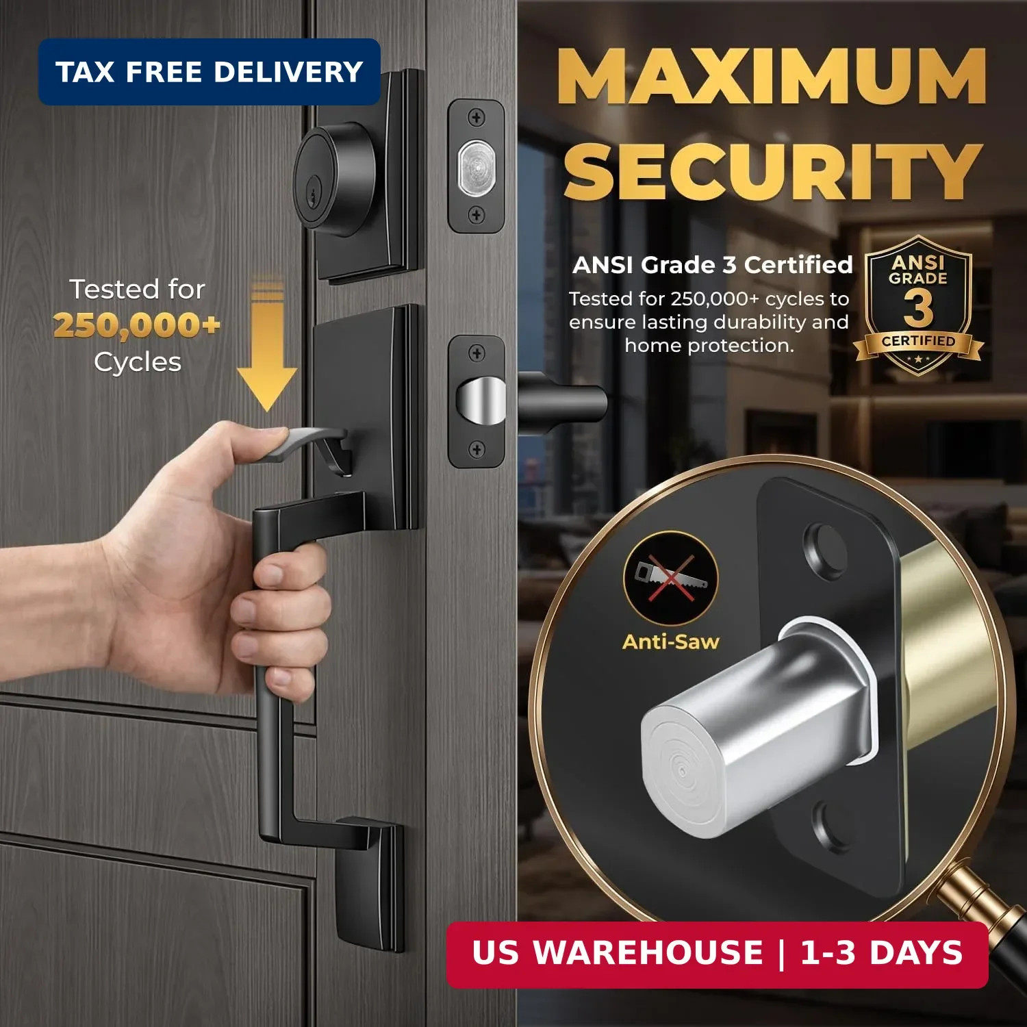Front Door Lock Set, Heavy Duty Upgraded Front Door Handle Black ...