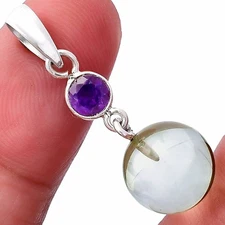 Prasiolite (Green Amethyst) Ball & Amethyst 925 Silver Pendant Jewelry P-1729