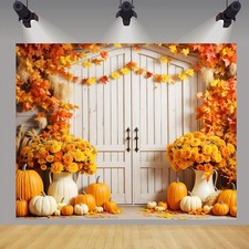 10x8ft Fall Thanksgiving Pumpkin Party Backdrop Sunflower Wood Barn Door