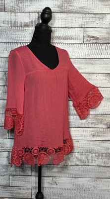   FYVE Boho Coral Pink Crochet Lace Tunic Bell Sleeve V-Neck Gauze Blouse Top