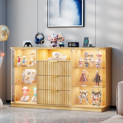 Rounded Display Cabinet with Glass Doors, Curio Cabinet with Human Body Sensor