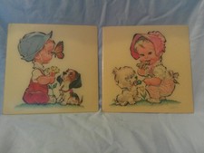 2 Vtg 1962 Pete Hawley Celluloid Plaque Set 8.5" x 8.5" Baby Boy/Girl/Dogs SWEET