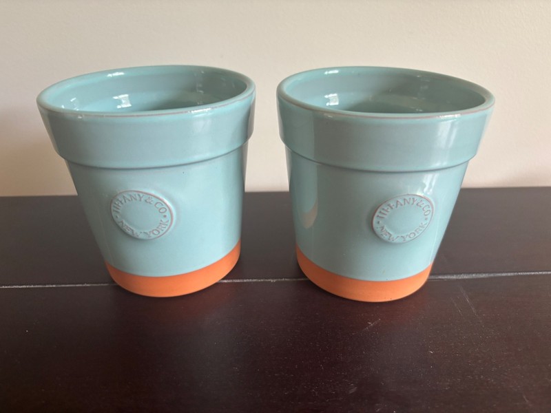 Tiffany & Co Set of 2 Terra-Cotta Blue Glazed Flower Pots small - unused