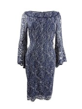 Xscape Women's Lace Belle-Sleeve Dress (4, Navy/SIlver)