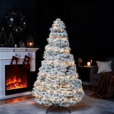 6ft Prelit Snow Flocked Artificial Christmas Tree, Prelighted Artificial Hing...