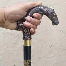 Victorian Horse Head Brass Handle Walking Stick  3-Fold Wooden Travel Cane