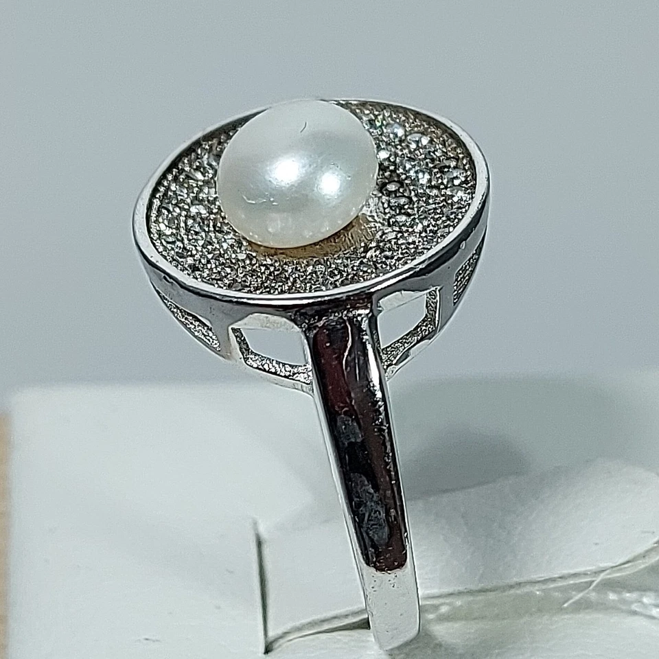 Anello in Argento 925 Donna con Perla Naturale Acqua Dolce e Zirconi Brillanti - Immagine 3 di 4