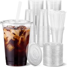100PCS 16oz Clear Plastic Cups with Lids  Straws, Disposable Cold Drink Cups