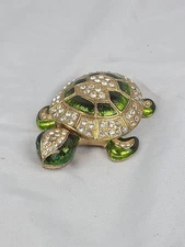 Jeweled Gold Tone Turtle Jewelry Box 3" - Magnetic Closure