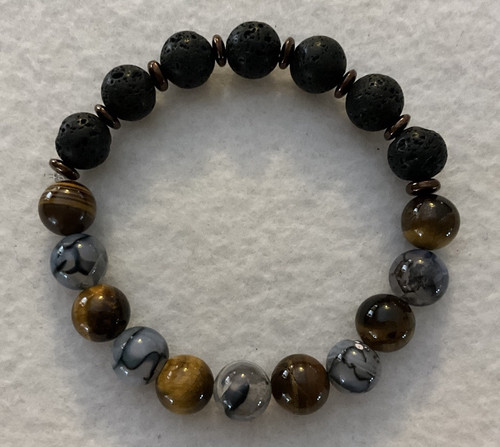 Handmade Mens Brown Dragon Vein Agate, Tiger Eye & Lava Beaded Bracelet/8”Length - Picture 1 of 3