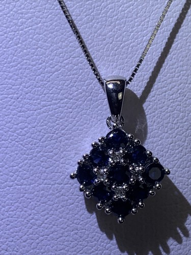 Natural Sapphire 14K White Gold Diamond Necklace 2.8 Gram 16" Inch - Picture 4 of 12
