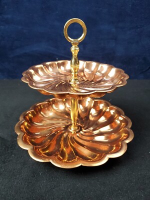 Vintage Copper Two Tiered Tidbit Candy Tray Well Made Heavy Duty MCM EUC