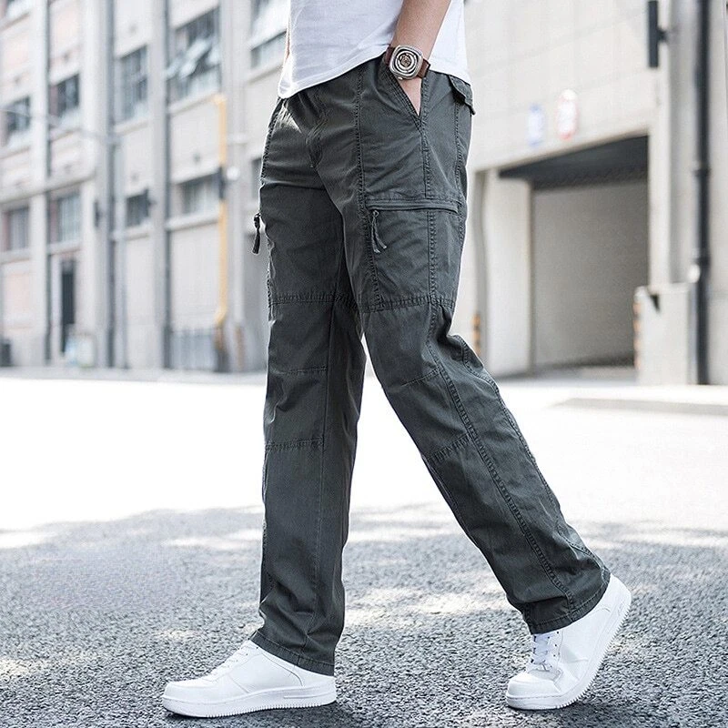 Men s Cargo Trousers Straight Fit Cotton Summer Wide Overalls Male Pocket