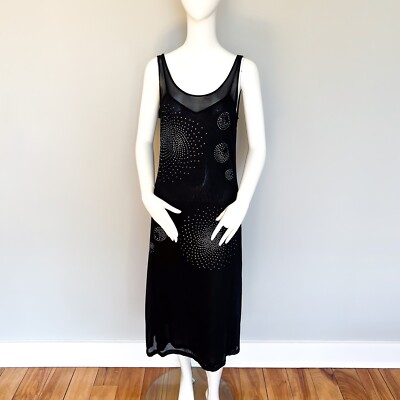 FENDI Black Midi Mesh Sleeveless Sexy Dress Crystals Semi Sheer Tulle Italy 44 