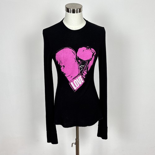 Lauren Moshi Love Boxing Gloves Graphic Long Sleeve Waffle T-Shirt Top Size XS