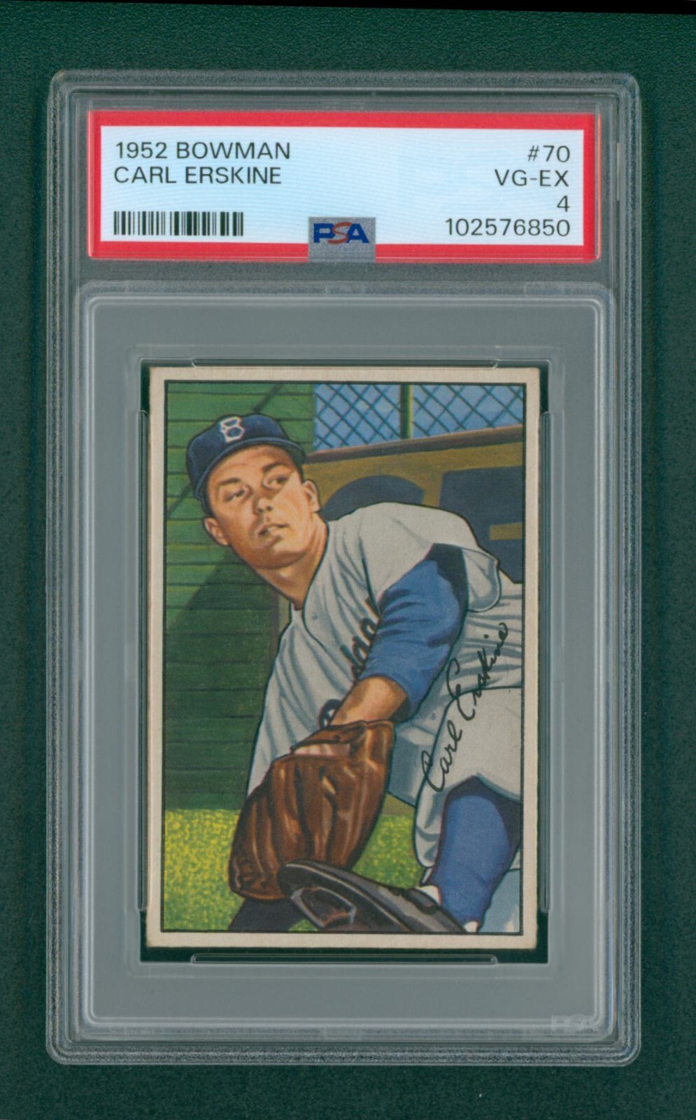 1952 Bowman Baseball Card - #70 Carl Erskine, PSA 4 VG/EX