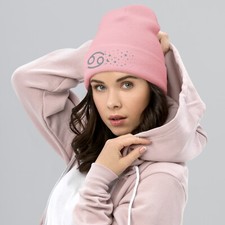 Cancer Crab in the Stars Knit Beanie - Cozy Knit Hat Baby Pink