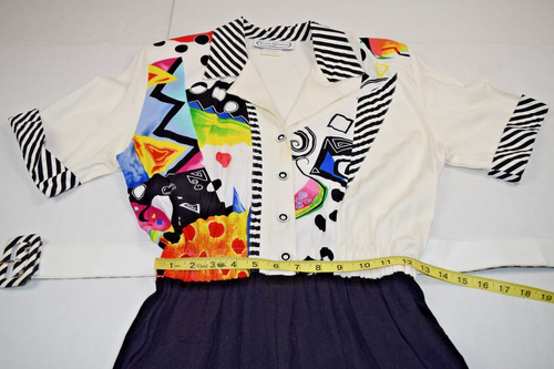 Jumpsuit VTG 80s Saint Germain Two Toned Black White Bright Color Pop Belted S/M - Picture 7 of 18