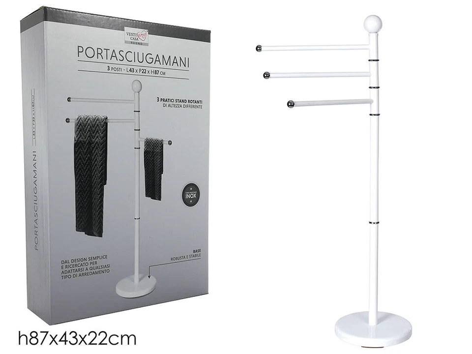 PIANTANA PORTASCIUGAMANI ACCIAIO BIANCO 3 BRACCI ORIENTABILI PORTA ASCIUGAMANI  - Immagine 2 di 4
