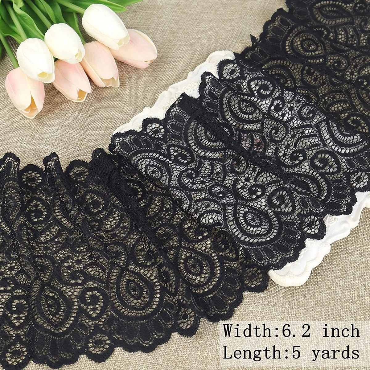 Black Wide Elastic Lace Trim For Sewing Lace Ribbon Lace Fabric By