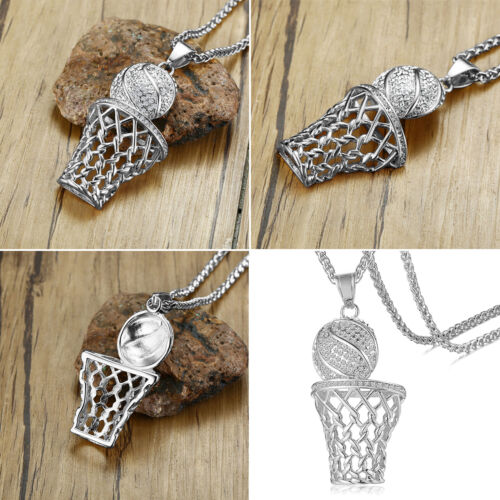 Mens Punk Sports CZ Basketball Pendant Necklace Stainless Steel Hip Hop Jewelry - Picture 31 of 32