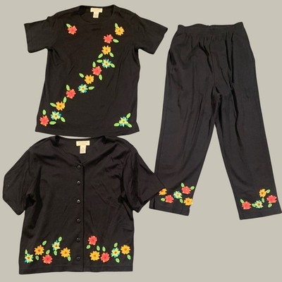 Bechamel Petites 3pc Pant Set Womens PM PS Black Floral Embellisments Cotton VTG