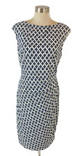 Lauren Ralph Ruched Jersey Dress Navy Blue White Geometric Size 14