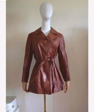 Vintage 1970s tan brown Leather jacket Trench coat short orange western boho M