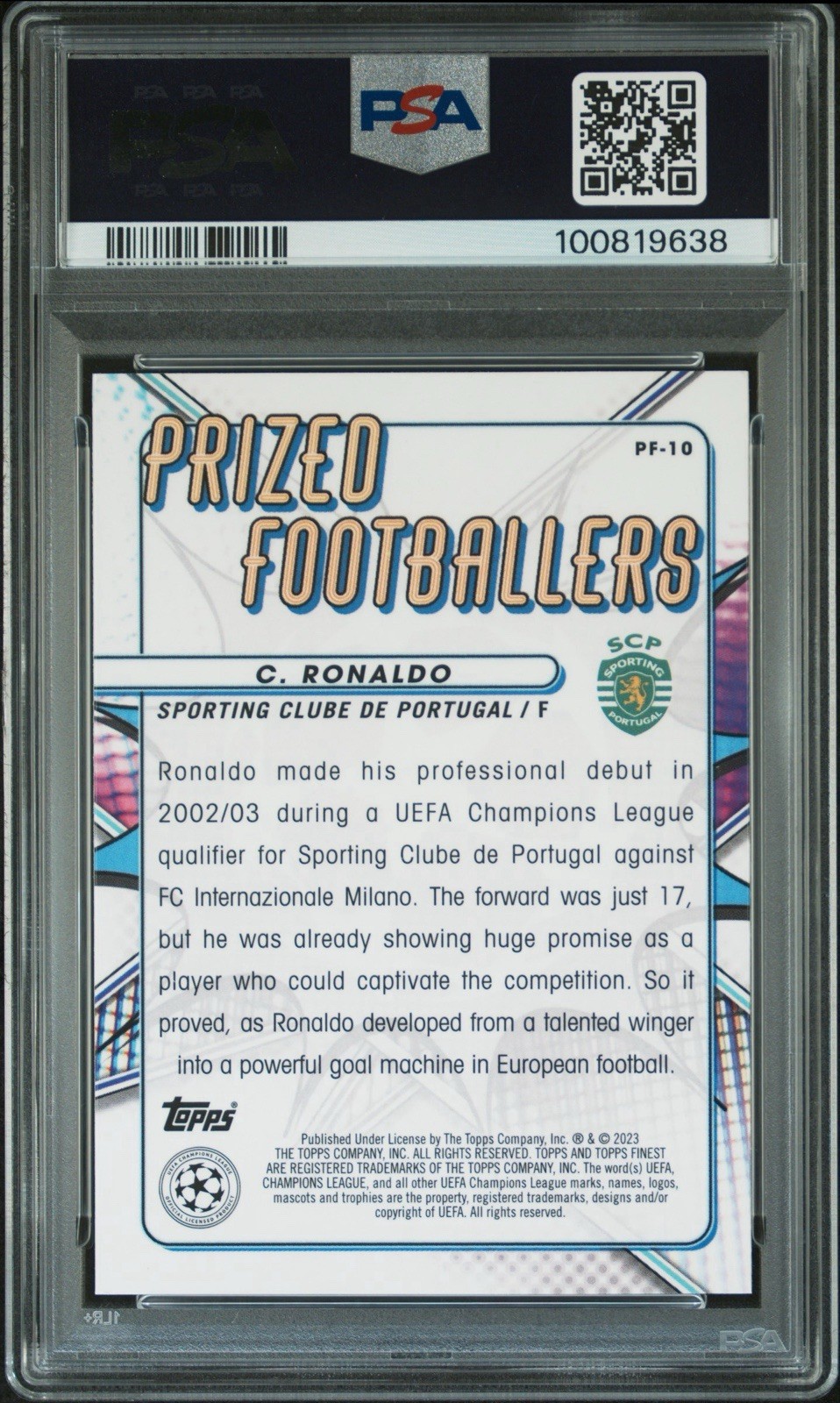 2022-23 Topps Finest UEFA UCC Cristiano Ronaldo Prized Footballers PF-10 PSA 9 view 2