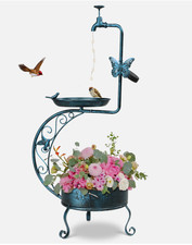 Image of Solar Powered Bird Bath & Feeder LED Light Elegant Planter Base Garden Ornament