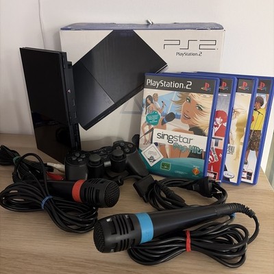 Sony Playstation 2 Slim Schwarz Konsole OVP CIB 2 Mikrofone 4 Spiele Controller