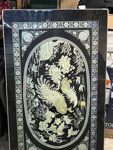 Vintage Asian Black Lacquer Folding Coffee Table Mother of Pearl Phoenix Inlay