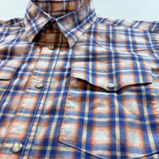 Wrangler Mens XL Blue Orange Plaid Western Snap Long Sleeve Shirt Pearl Snap