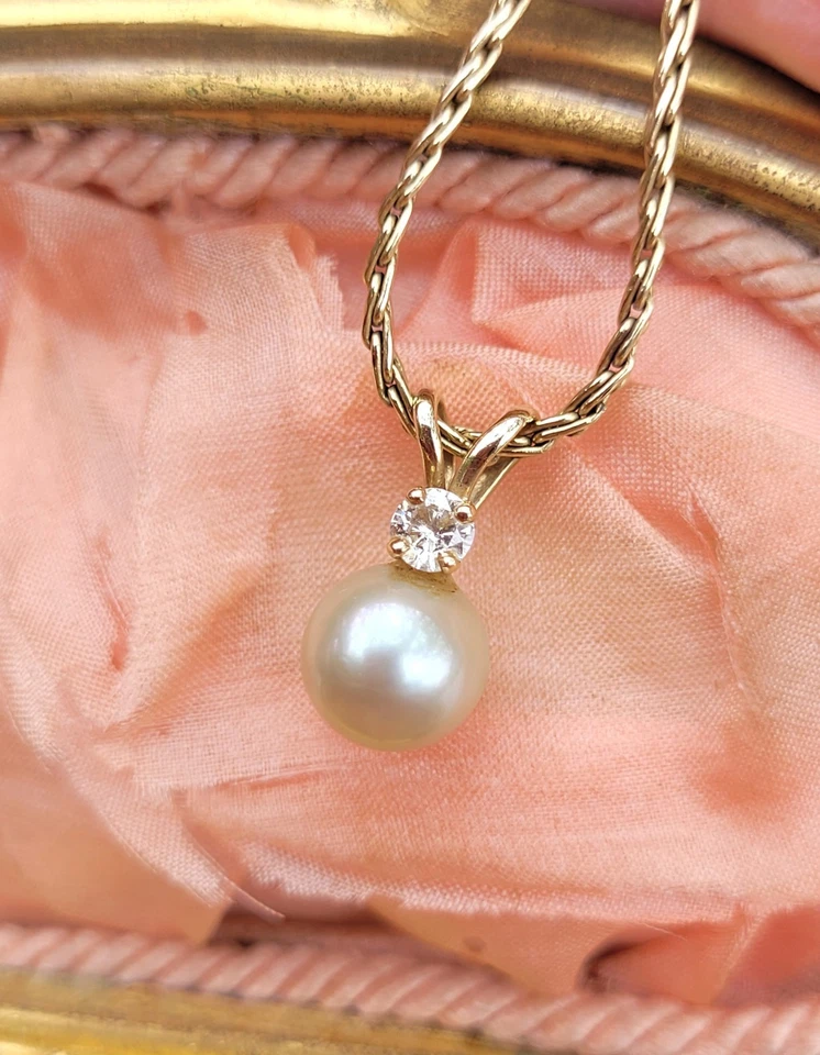 Vtg 14k Yellow Gold Diamond & Pearl Drop Pendant Necklace - 18" - 5.2g - Image 2 of 4