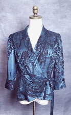 Alex Evenings Jacket Womens Size M Wrap Tie Dressy Blue/Black Burn out Pattern