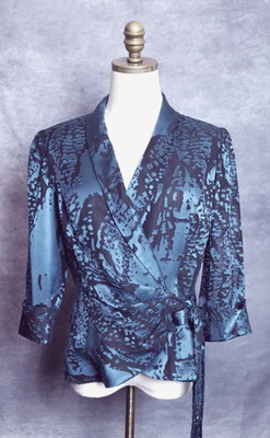 Alex Evenings Jacket Womens Size M Wrap Tie Dressy Blue/Black Burn out Pattern