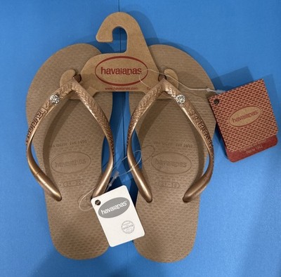 Havaianas Flip Flops Kids Rose Gold -2 Swarovski Crystals - USA 13C/1Y NEW