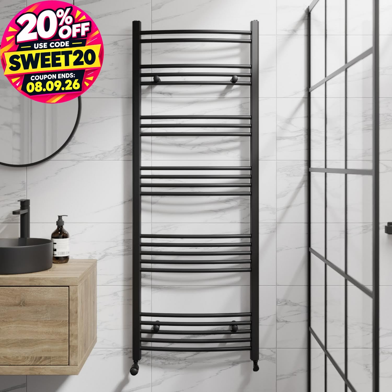 RadiLux Curved Heated Towel Rail Matt Black - 1600 x 600mm