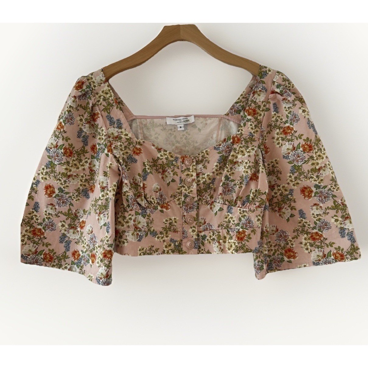 Marissa Webb Womens Crop Top Blouse  6 Pink  Floral Puff Sleeve Cottagecore Boho