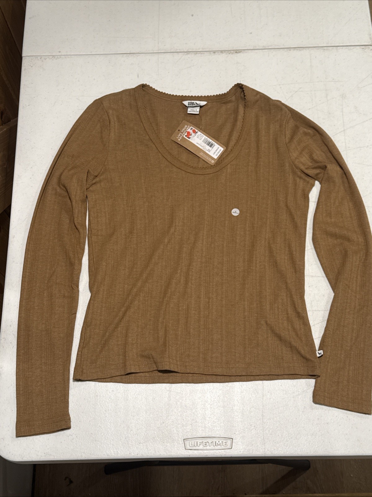 Eddie Bauer Perfect Pointelle Shirt Womens L Brown Long Sleeve Scoop Neck NWT
