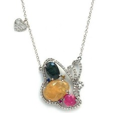 Sliced 6.76 CT Multi Sapphire 0.59 CT Diamonds 14K Gold Butterfly Heart Necklace