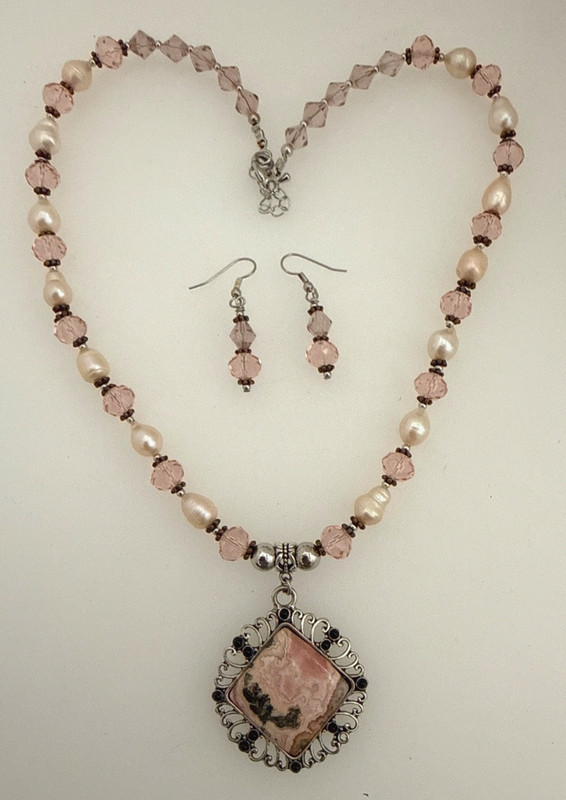 Rhodium Rhodochrosite Pendant Pearl Crystal 23" Necklace 2" Earrings Set OA5