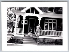 Vtg B&W Snapshot Family People Sitting Front Porch House Steps Yard 1940s