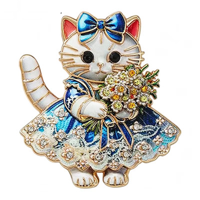 Blue Cat Brooch Pin Rhinestone Crystal Kitten Flower Bouquet Animal Jewelry Gift