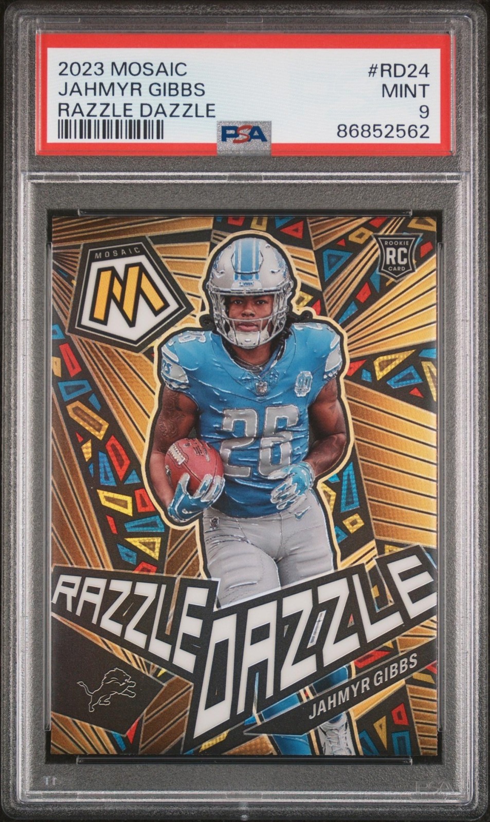 2023 Mosaic Football Jahmyr Gibbs #RD-24 Rookie RC Razzle Dazzle PSA 9