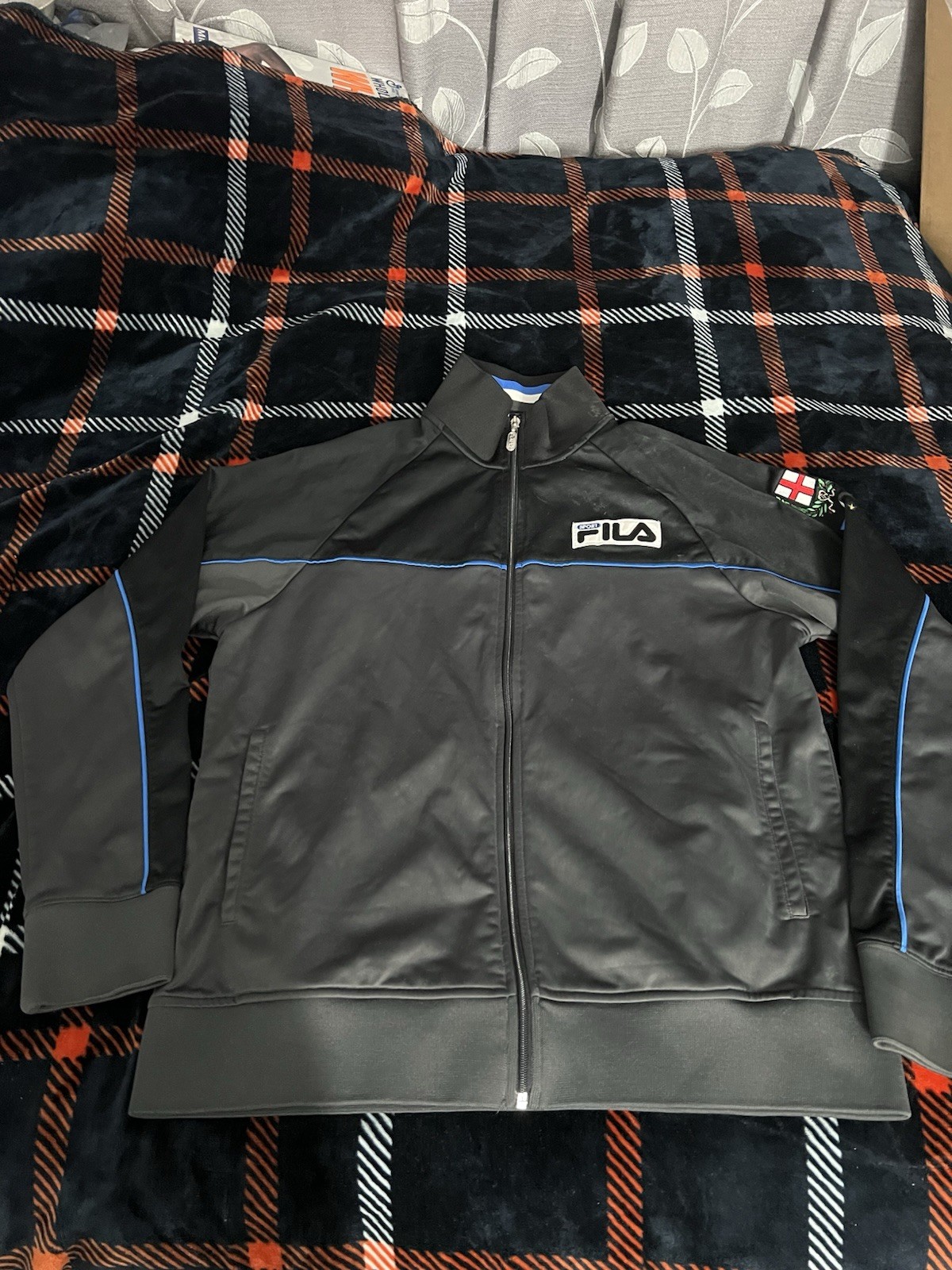 Fila Sport Jacket Mens Large Black Blue Italia Track Full Zip Embroidered Crest