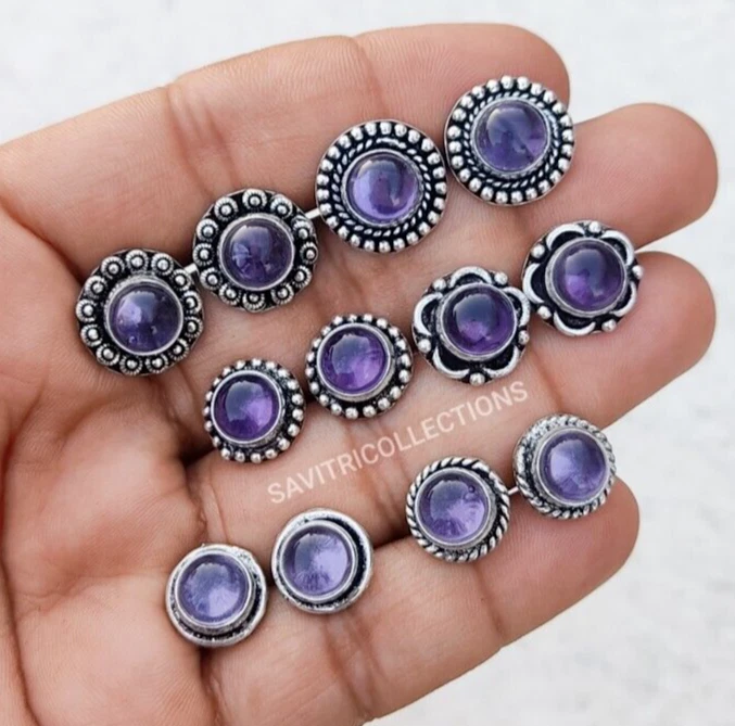 Amethyst Wholesale Stud Earrings Lot 92.5 Silver Plated Handmade Bulk Jewelry - Image 4 of 4