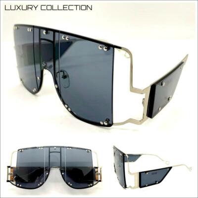 New OVERSIZED Contemporary Modern SHIELD Style SUNGLASSES Silver Frame Dark Lens