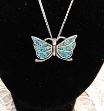 Vtg Navajo Style Turquoise Butterfly Sterling Silver Necklace 18" Chain